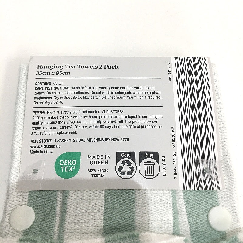 Peppertree 2 x 2 Pack Mint Green & White Cotton Hanging Tea Towel Pack NEW