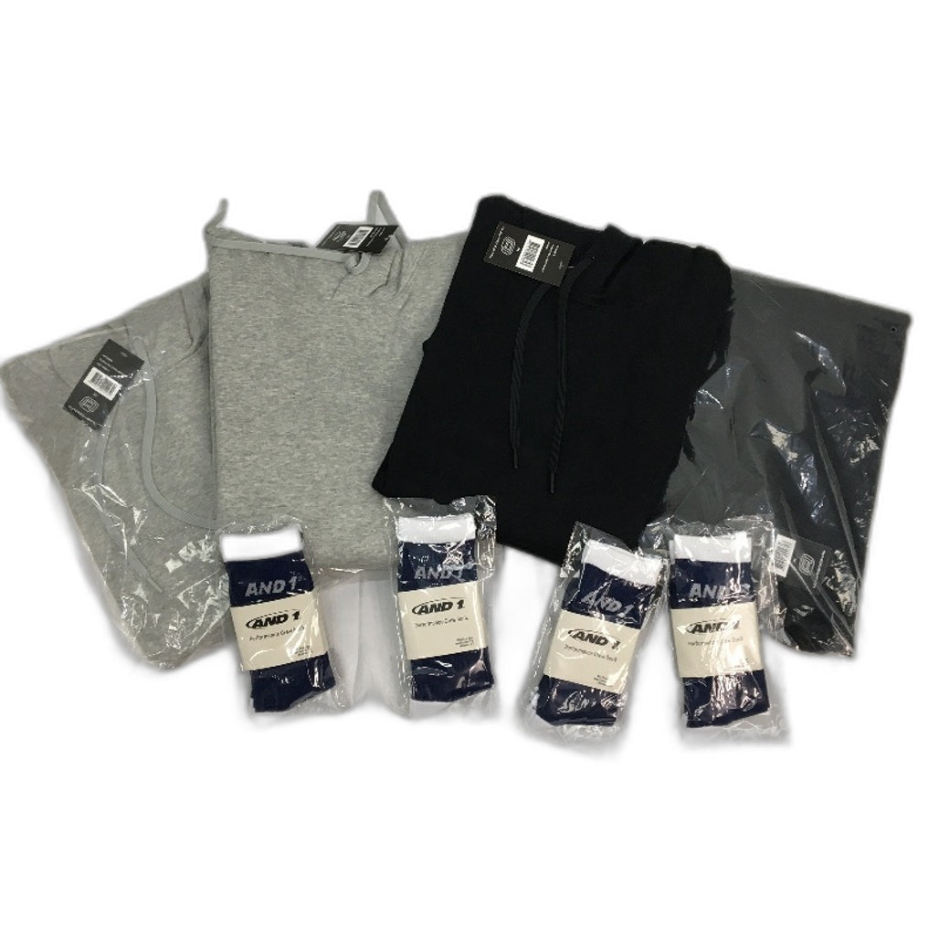 AND1 8pc Black & Grey Fleece Hoodies and SML LTWT Socks Unisex Size 2XL