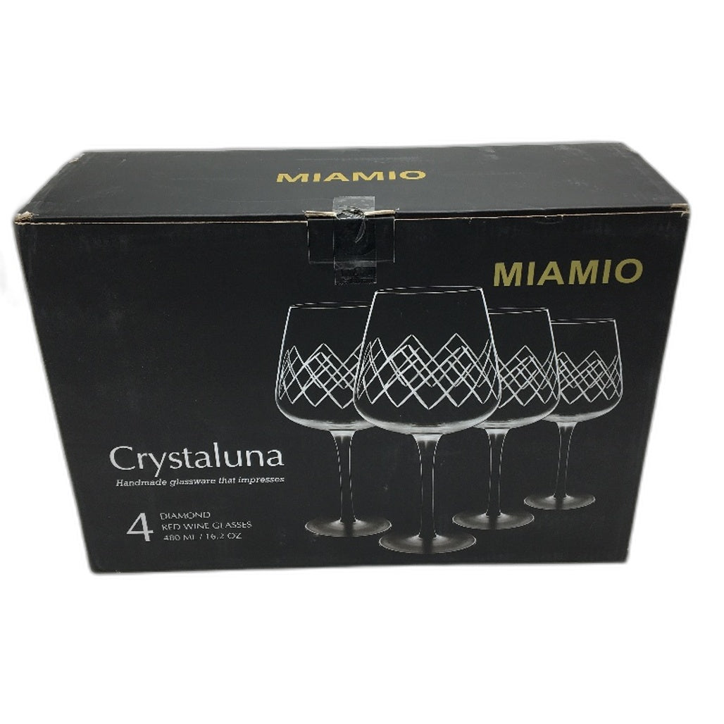 Miamio Set of 4  Diamond Design Red Wine Glasses 480ml Crystaluna Collection NEW