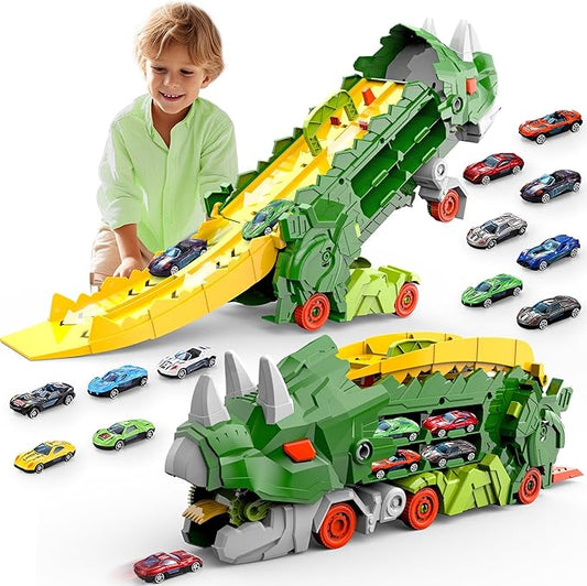 Dinosaur Truck Toy Triceratops Deformation With 12 Mini Cars NEW