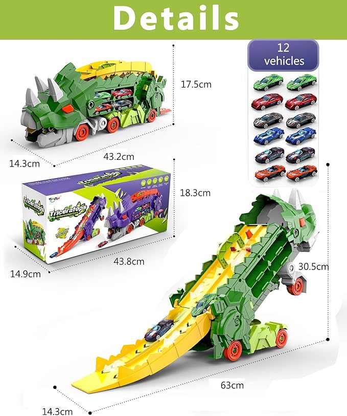 Dinosaur Truck Toy Triceratops Deformation With 12 Mini Cars NEW