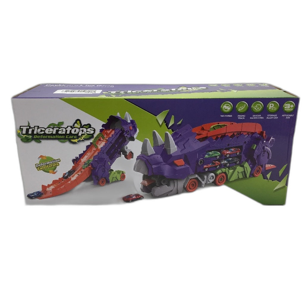 Dinosaur Truck Toy Triceratops Deformation With 12 Mini Cars NEW