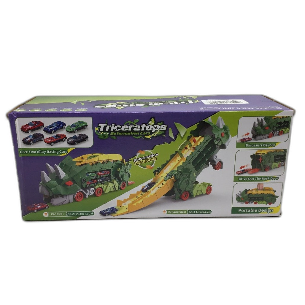 Dinosaur Truck Toy Triceratops Deformation With 12 Mini Cars NEW