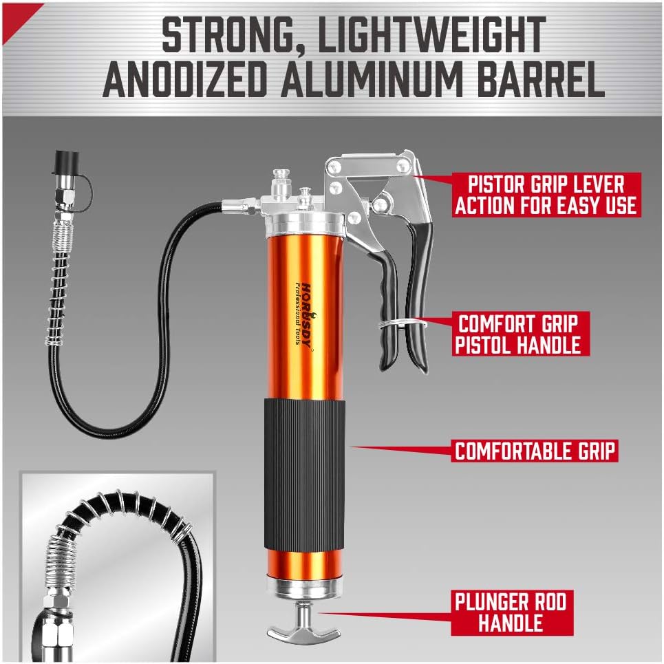 Horusdy Pistol Grip Heavy Duty Grease Gun Flexible Hose 7000 PSI NEW