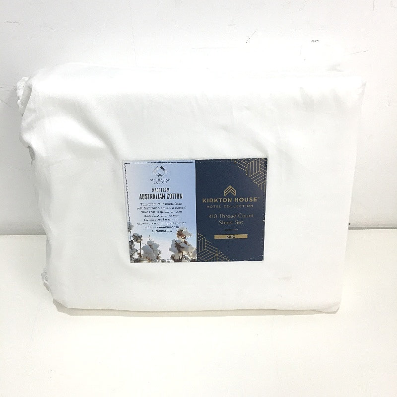 Kirkton House Bright White Taupe Rim 100% Cotton 410TC Sheet Set KING Bed NEW