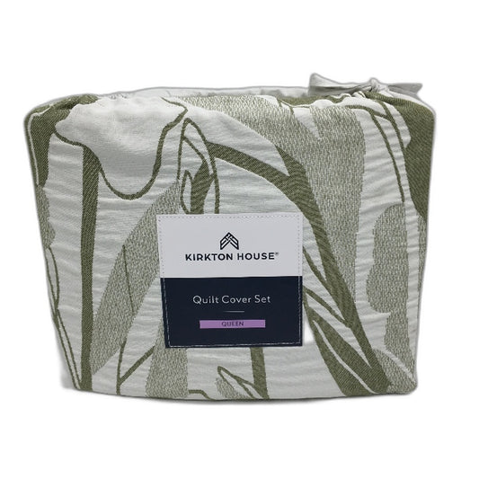 Kirkton House Cotton Blend Olive Green Textured Quilt Cover Set QUEEN Size NEW