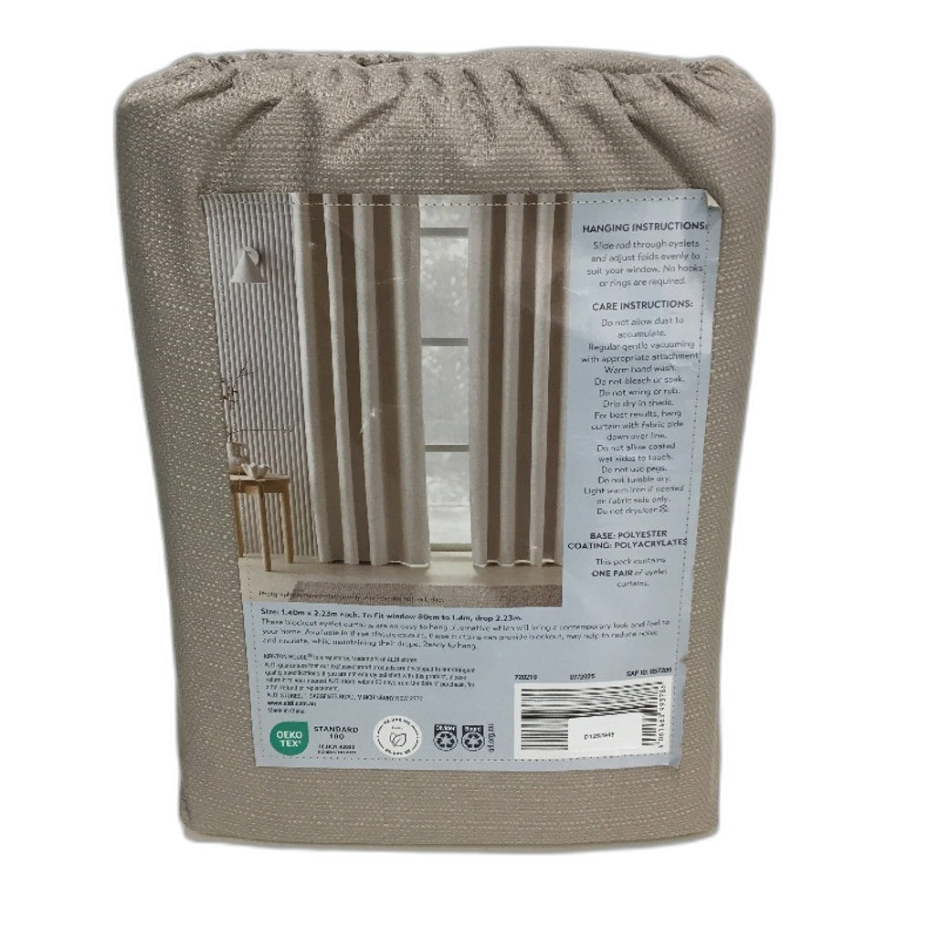 Kirkton House Blockout Gloss Beige Curtain Eyelet 2 Pack 1.4 x 2.23m NEW