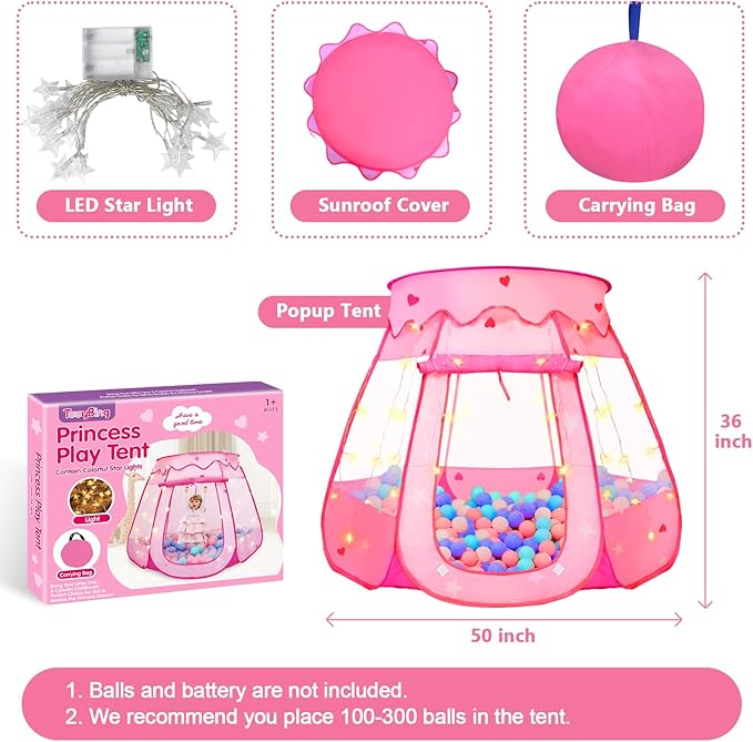 TooyBing Pink Princess Pop Up Play Tent with Star Fairy Lights Ages 1 Plus NEW