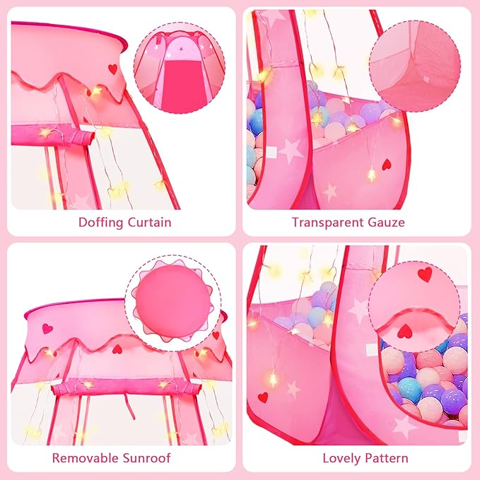 TooyBing Pink Princess Pop Up Play Tent with Star Fairy Lights Ages 1 Plus NEW