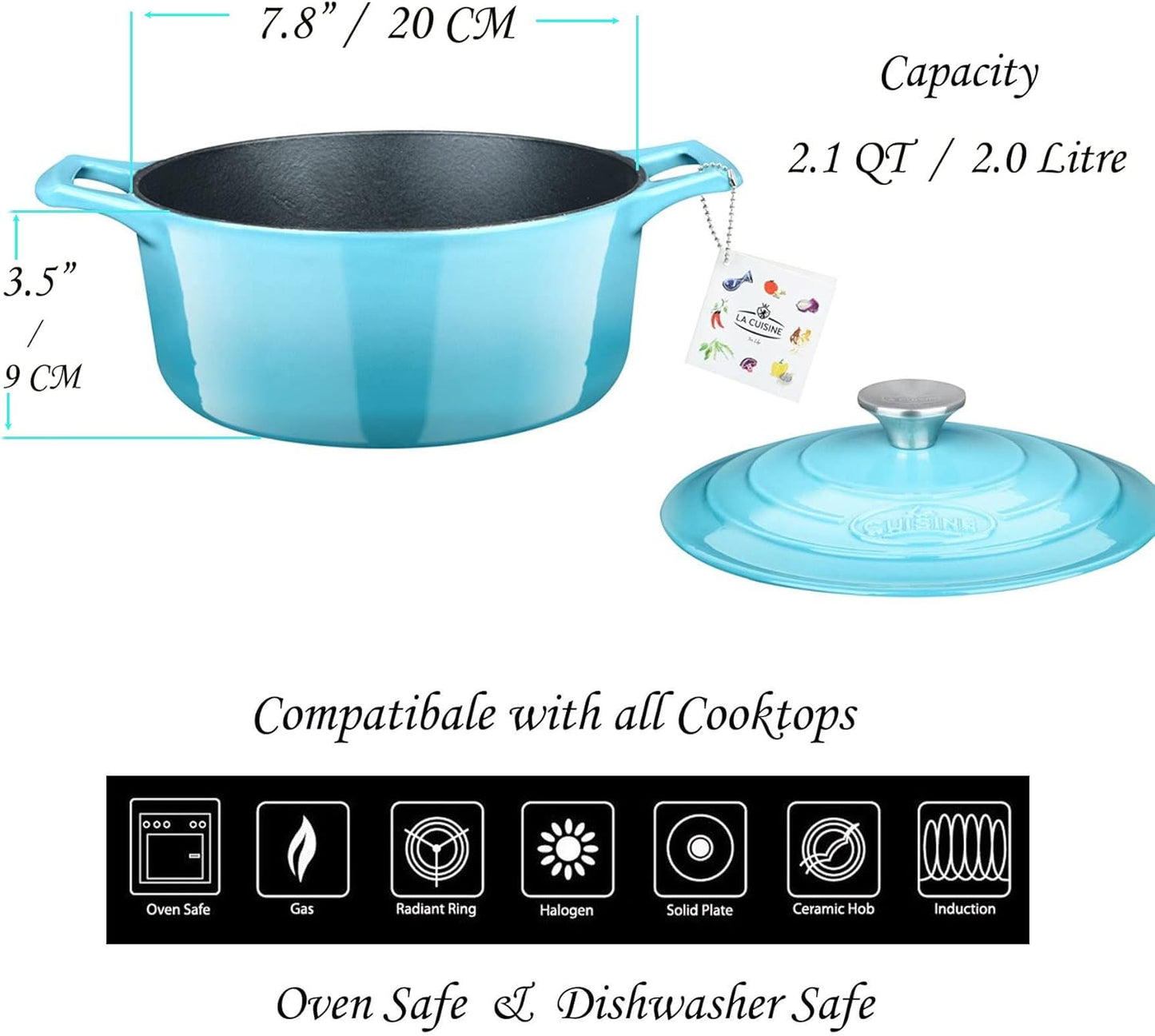 La Cuisine 20cm Enameled Cast Iron Dutch Oven Casserole Pot in Pale Blue NEW