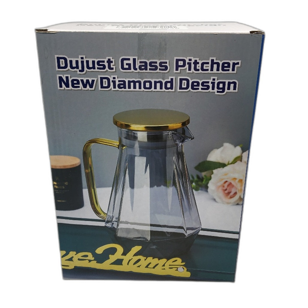 Dujust 68oz Elegant Diamond Design Glass Drink Pitcher with Gold Lid NEW