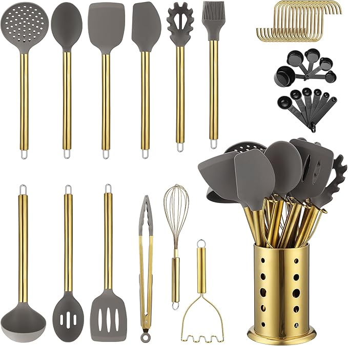 38 Piece Gold Handle Grey Silicone Dishwasher Safe Cooking Utensil Set NEW