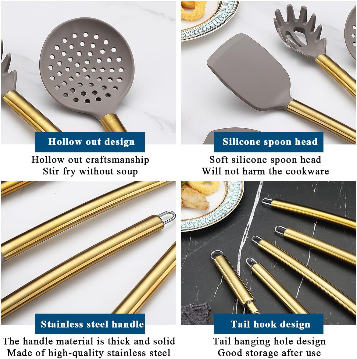 38 Piece Gold Handle Grey Silicone Dishwasher Safe Cooking Utensil Set NEW