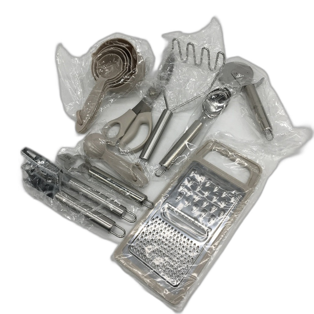 34 Piece Wood Handle Khaki Silicone Dishwasher Safe Cooking Utensil Set NEW