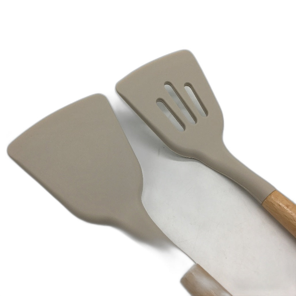 34 Piece Wood Handle Khaki Silicone Dishwasher Safe Cooking Utensil Set NEW
