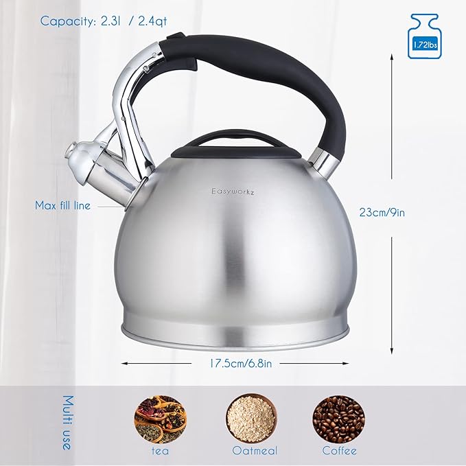 Easyworkz 2.3L Stainless Steel Steel Stovetop Whistling Tea Kettle NEW