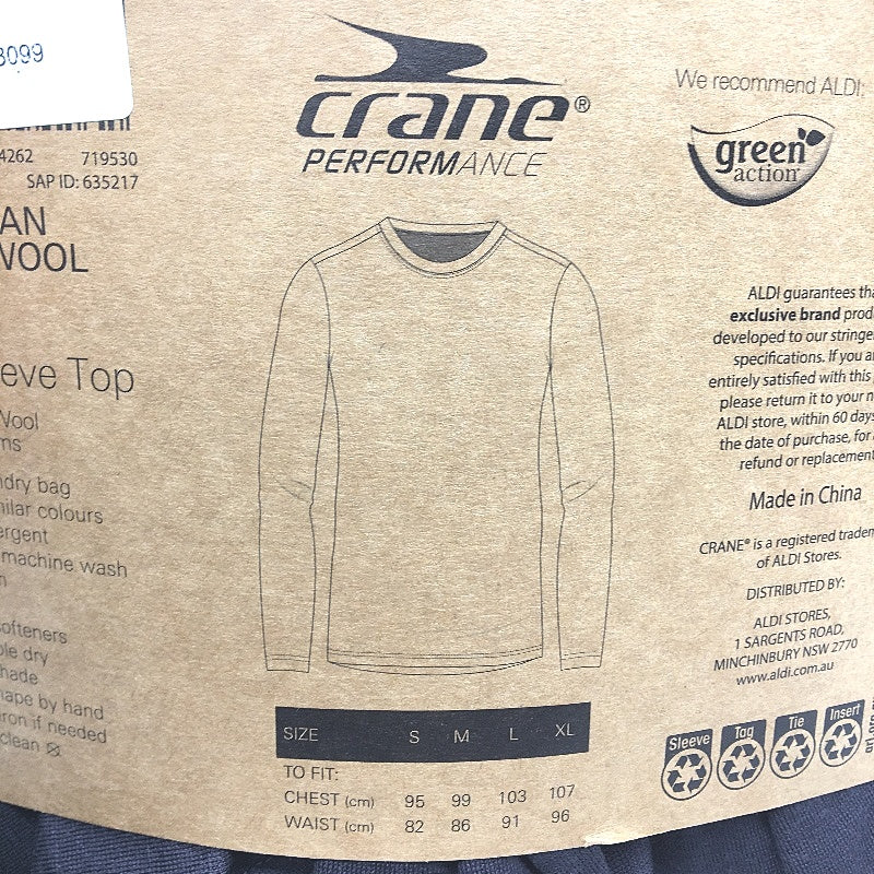 Crane Performance 100% Merino Fine Wool Grey Long Sleeve Top Mens Size M NEW