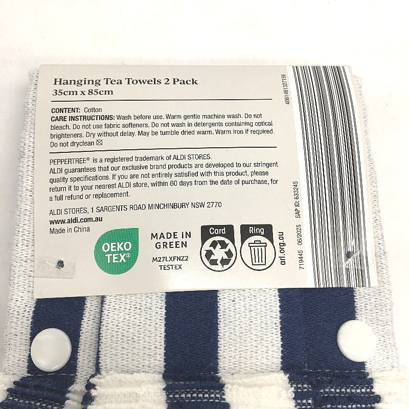 Peppertree 3 x 2 Pack Mint Green & Navy White Cotton 6 Hanging Teatowel Pack NEW