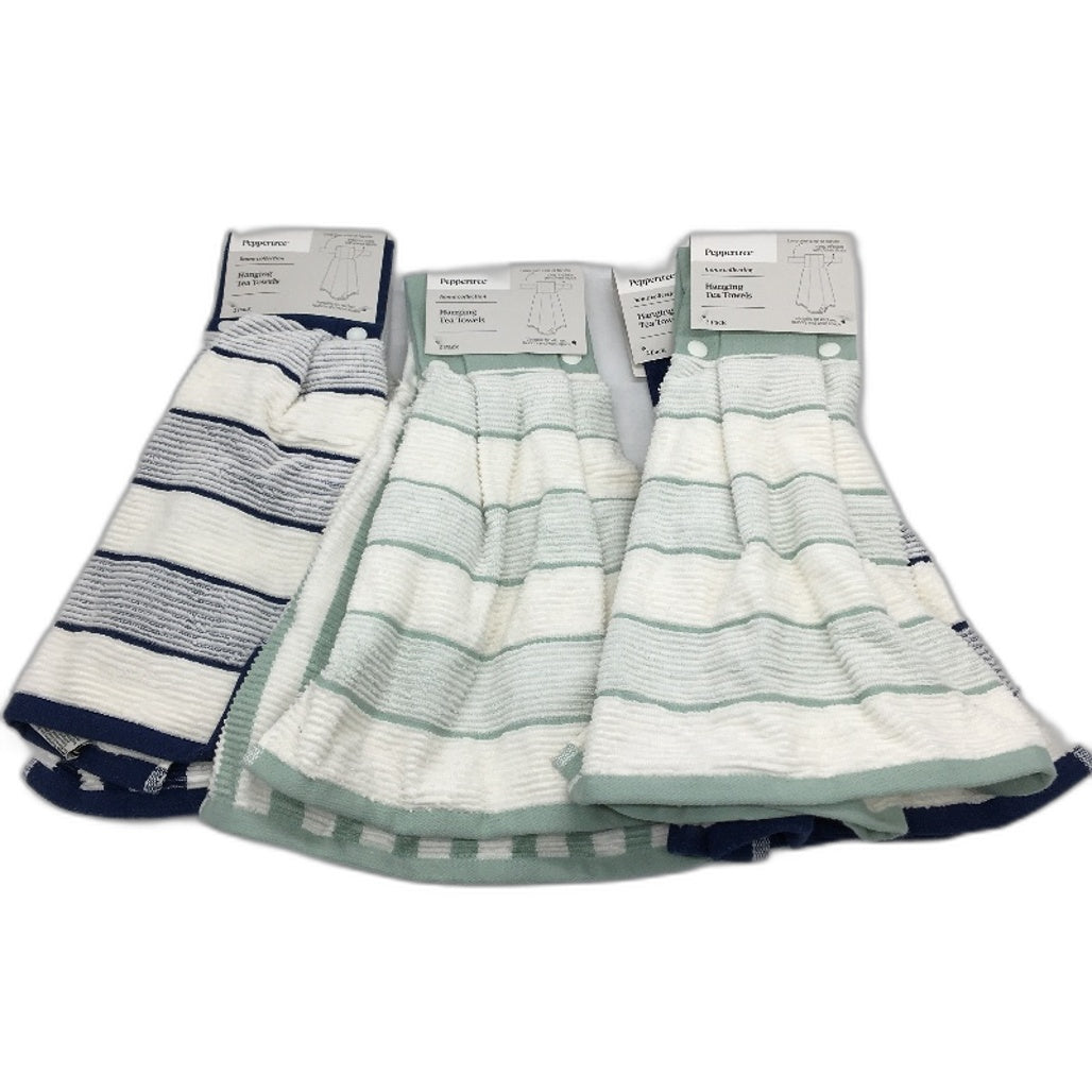 Peppertree 3 x 2 Pack Mint Green & Navy White Cotton 6 Hanging Teatowel Pack NEW