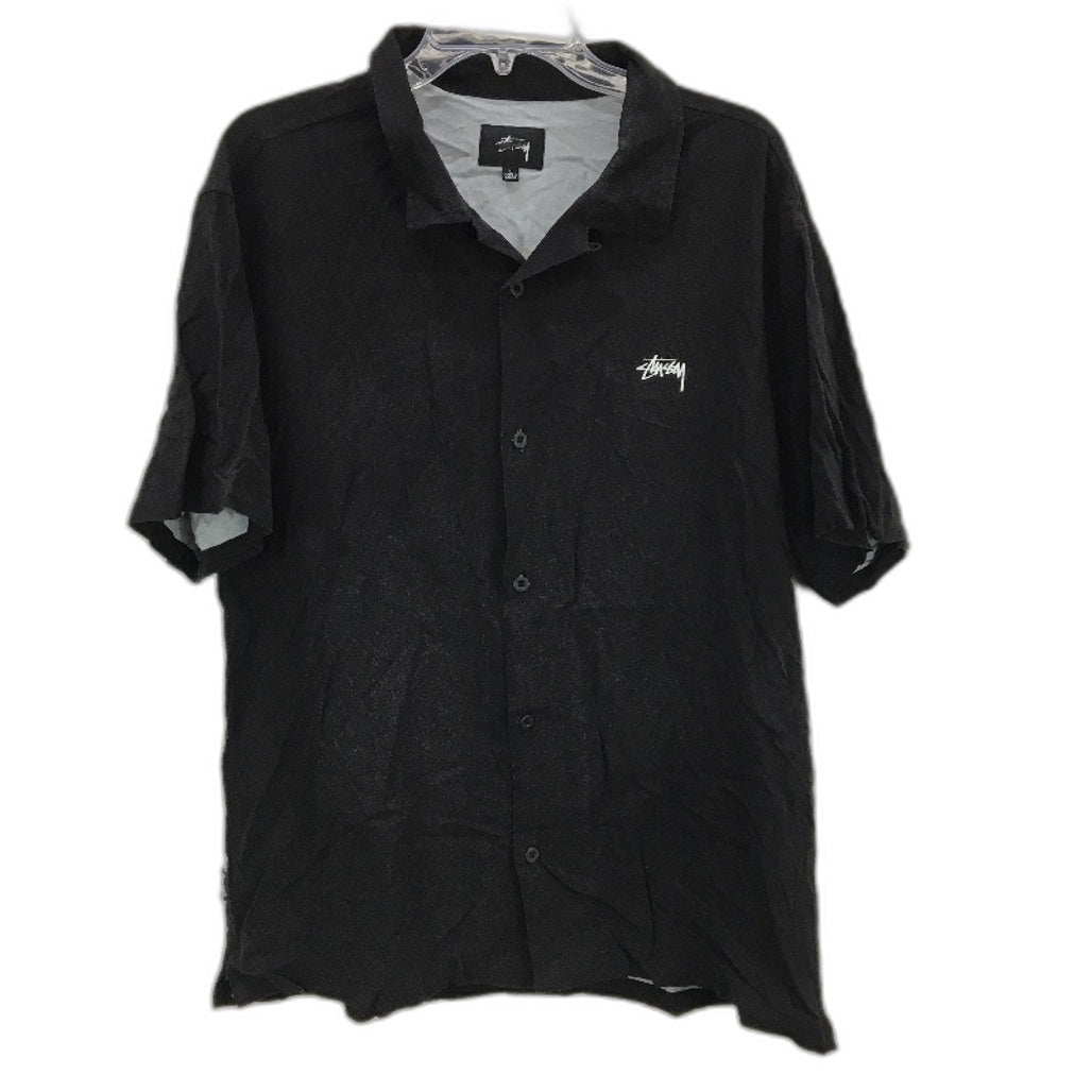 Stussy Black Graffiti Flaming Cards Design Button-Up Short Sleeve Shirt Mens L