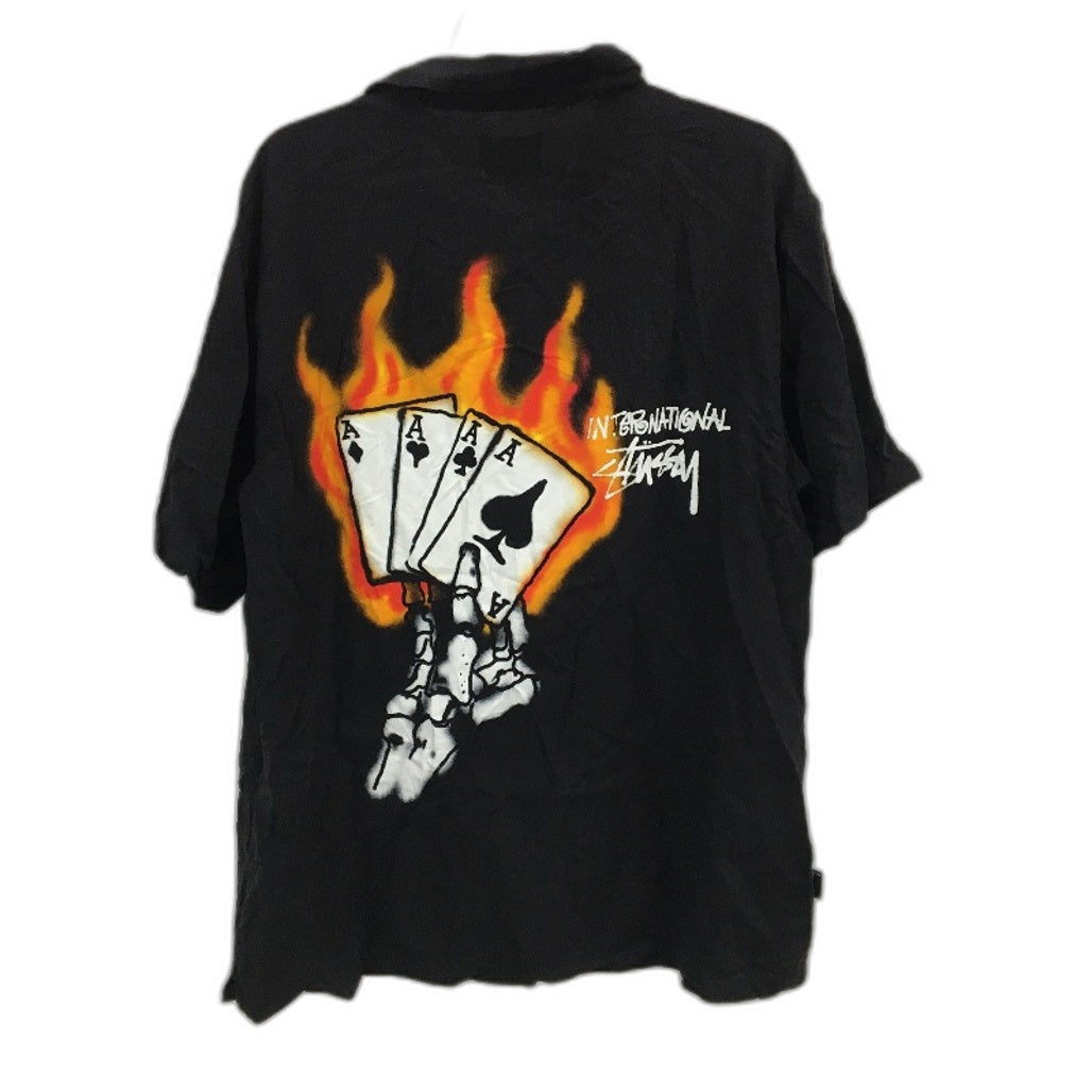 Stussy Black Graffiti Flaming Cards Design Button-Up Short Sleeve Shirt Mens L