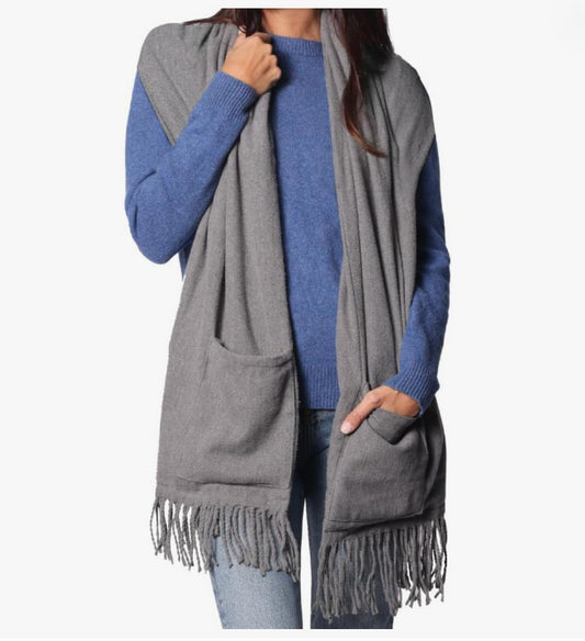 Sash & Bloom USB Heated Tassel Scarf With Pockets Slate Grey NEW