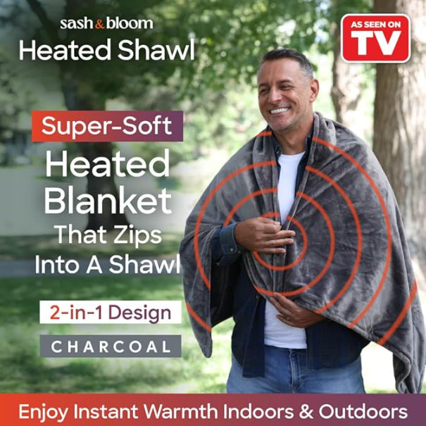 Sash & Bloom USB Heated Shawl Winter Blanket Zip-Up Charcoal Grey NEW