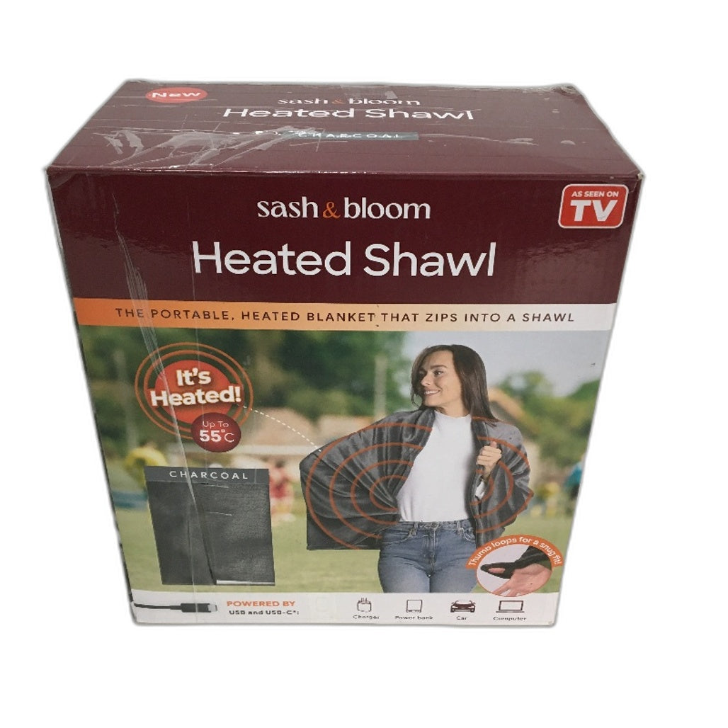 Sash & Bloom USB Heated Shawl Winter Blanket Zip-Up Charcoal Grey NEW