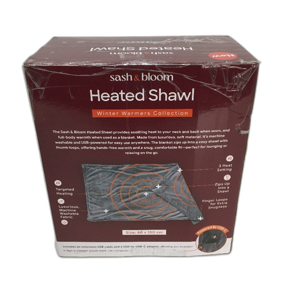 Sash & Bloom USB Heated Shawl Winter Blanket Zip-Up Charcoal Grey NEW