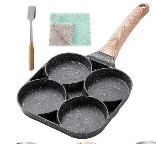 Aluminium 4 Hole Crepe Frying Pan Multipurpose Cookware Wooden Handle Non-Stick