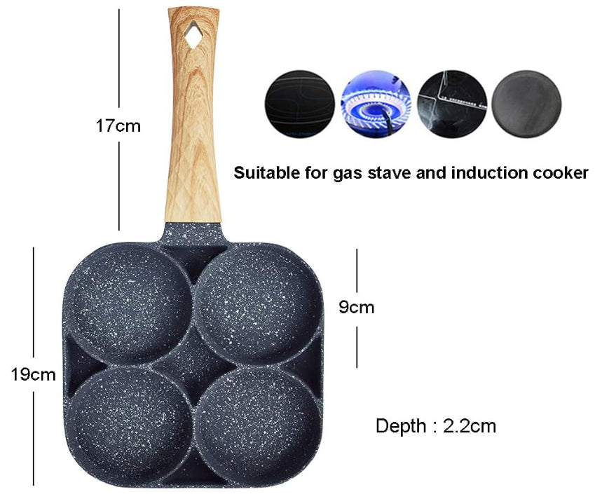 Aluminium 4 Hole Crepe Frying Pan Multipurpose Cookware Wooden Handle Non-Stick