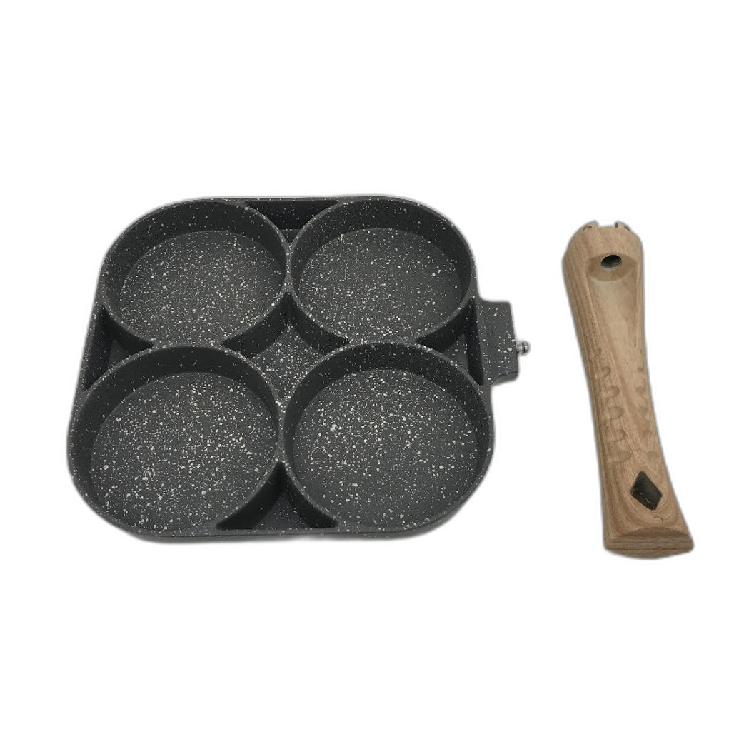 Aluminium 4 Hole Crepe Frying Pan Multipurpose Cookware Wooden Handle Non-Stick