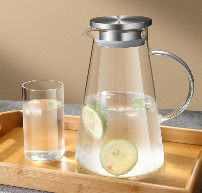 Glass Pitcher With Silver Lid Water Jug Large Durable Beverage Serving Pot