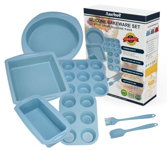 Aschef Economical 7-In-1 Non-Stick Silicone Baking Set Blue Pans & Moulds