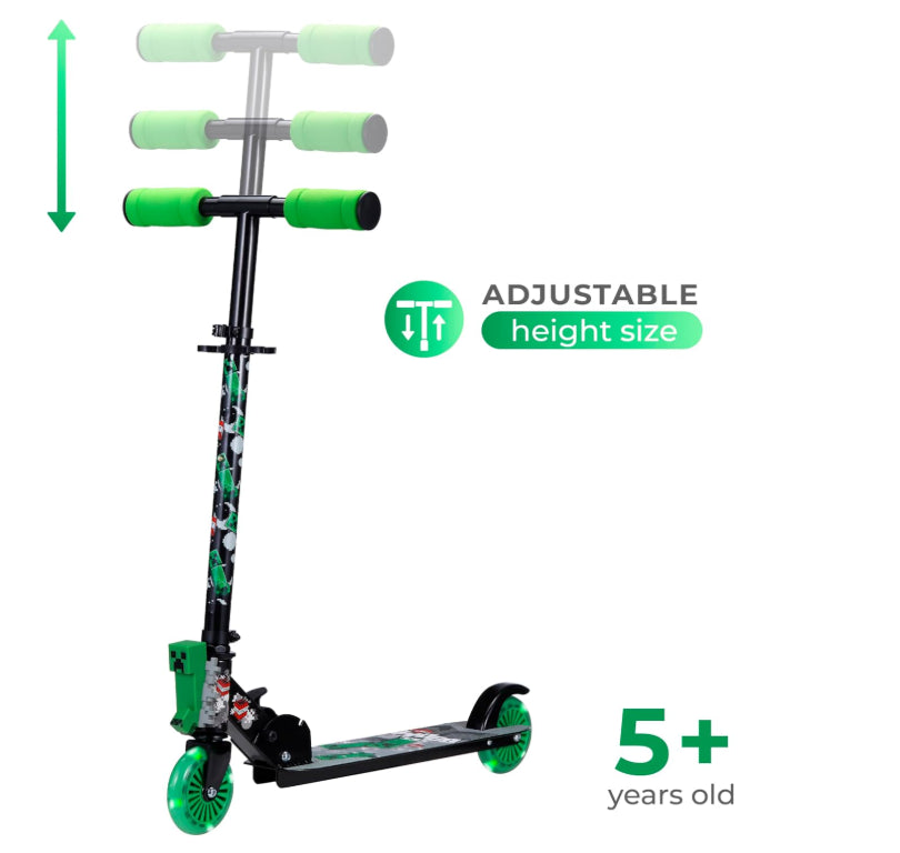 Minecraft Creeper Themed Kids Scooter 2-Wheel Light Up Foldable Toy