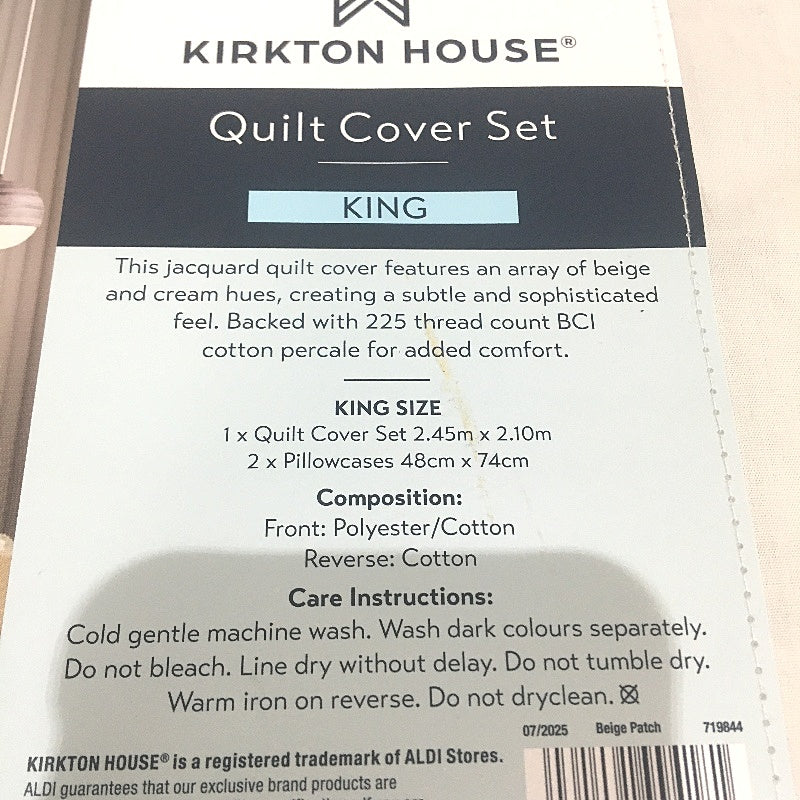 Kirkton House Patterned Jacquard Quilt Cover Set Beige & Cream 225TC KING