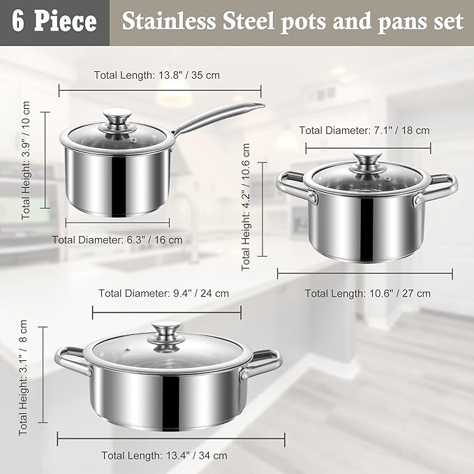 6 Piece Stainless Steel Silver Induction/Electric & Gas Comp Pots with Lids NEW