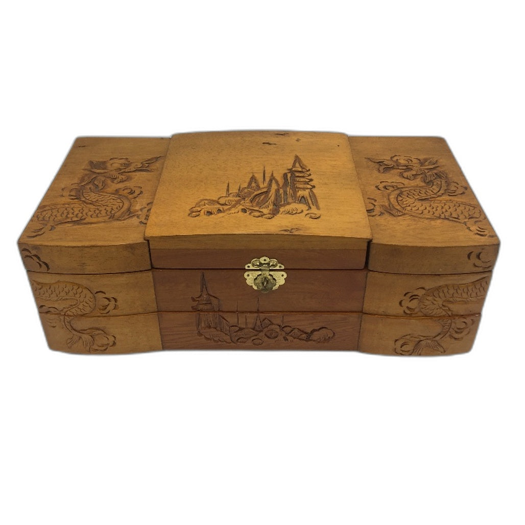 VINTAGE Wooden Handcarved Chinese Dragons Temples Red Velvet Jewelry Box