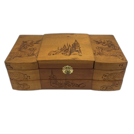 VINTAGE Wooden Handcarved Chinese Dragons Temples Red Velvet Jewelry Box