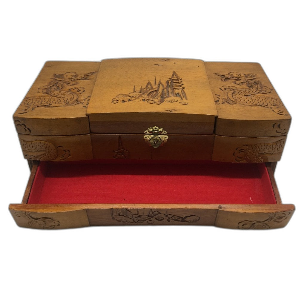 VINTAGE Wooden Handcarved Chinese Dragons Temples Red Velvet Jewelry Box