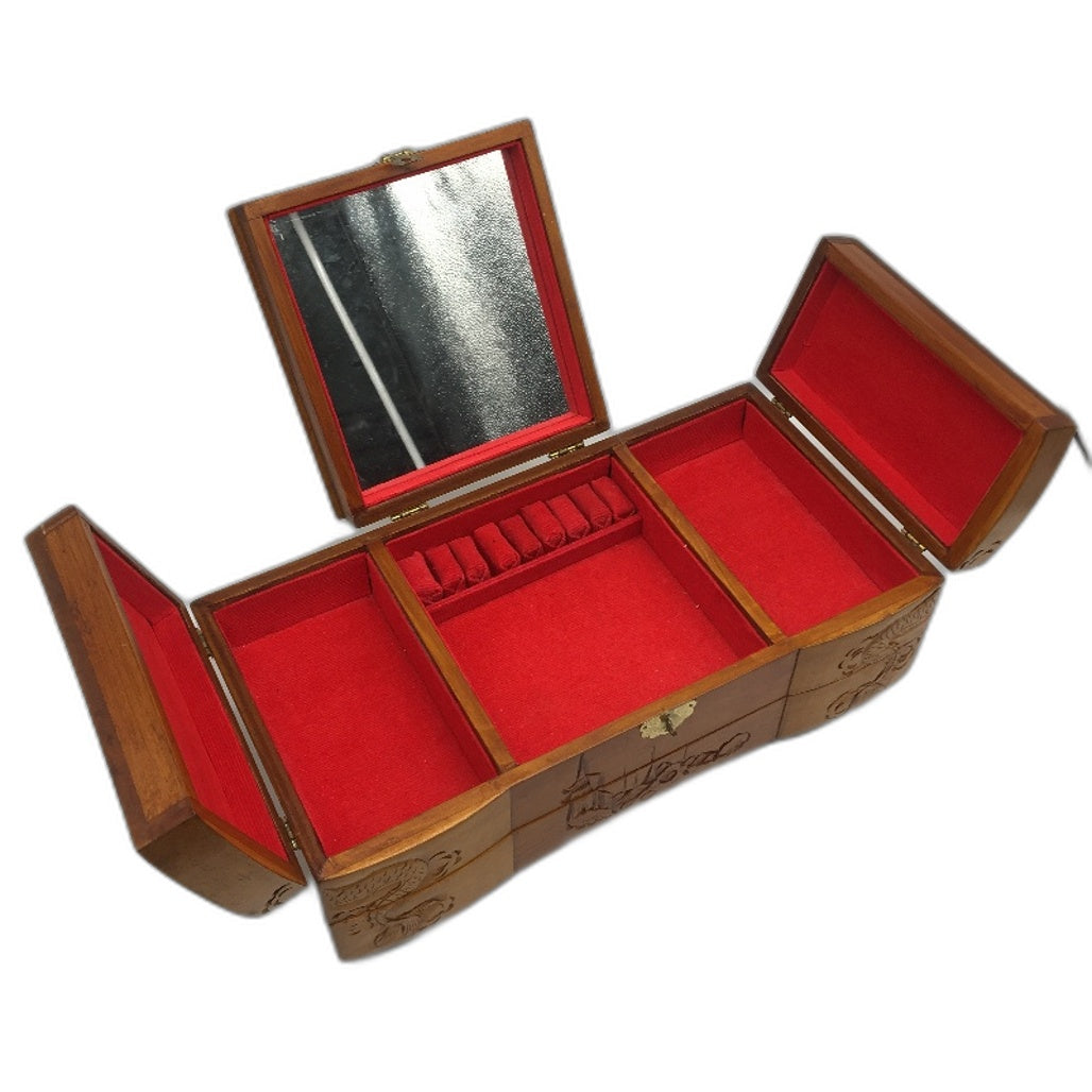 VINTAGE Wooden Handcarved Chinese Dragons Temples Red Velvet Jewelry Box