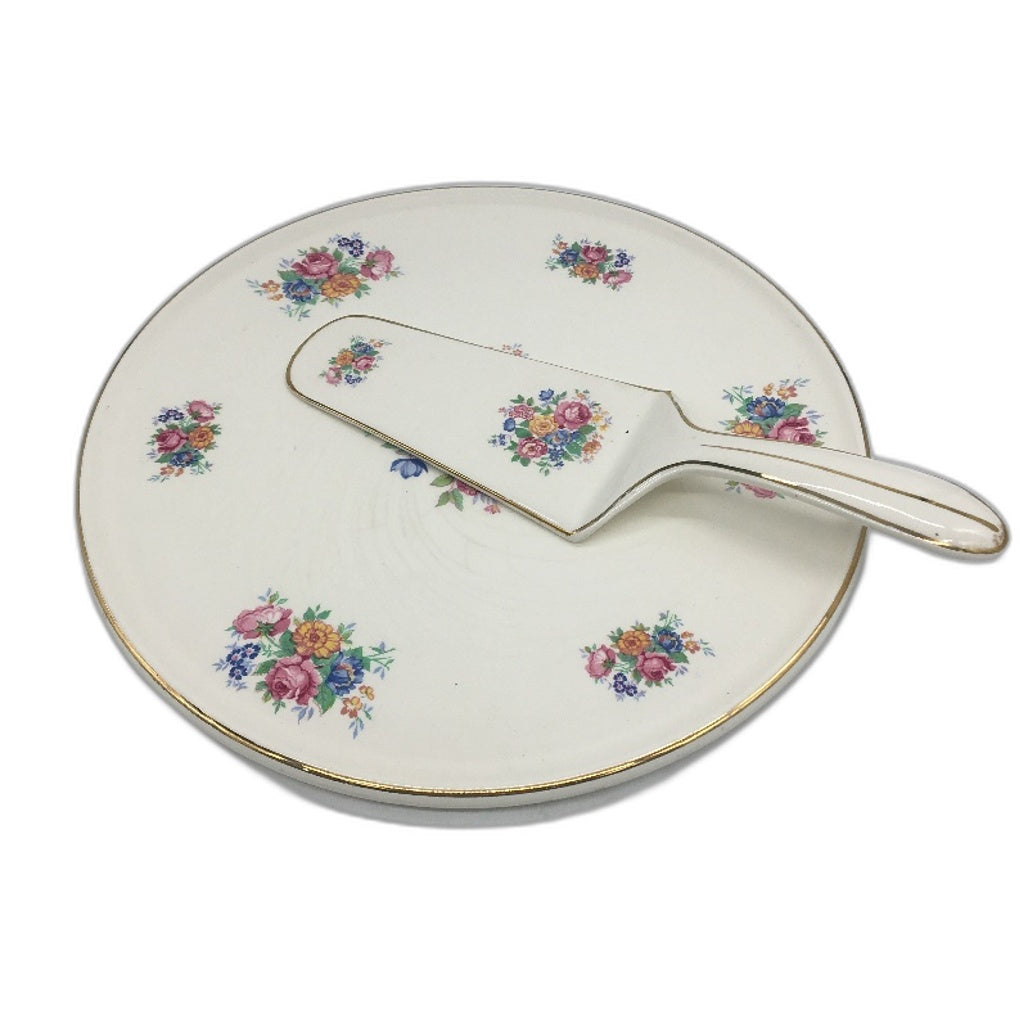 VINTAGE Royal Tudor Ware 11 Inch Chintz Floral Cake Gold Trim Plate with Spatula