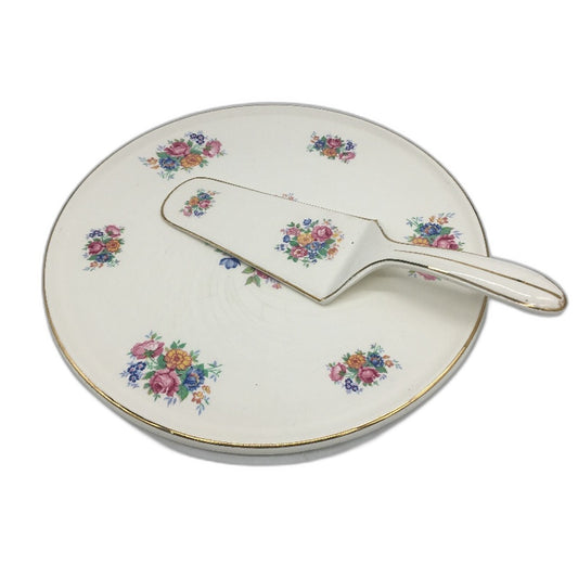 VINTAGE Royal Tudor Ware 11 Inch Chintz Floral Cake Gold Trim Plate with Spatula