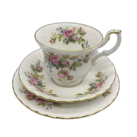 VINTAGE Royal Albert 1956 Moss Rose Gold Trim Bone China 3pc Tea Set