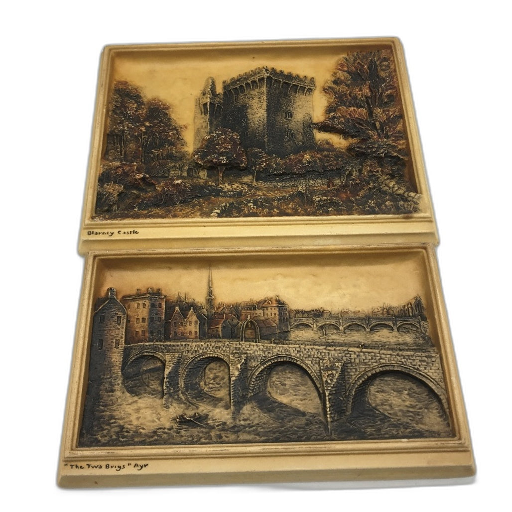 VINTAGE 1920s Blarney Castle & The Two Brigs Ayr by Osbourne Ivorex Wall Plaques
