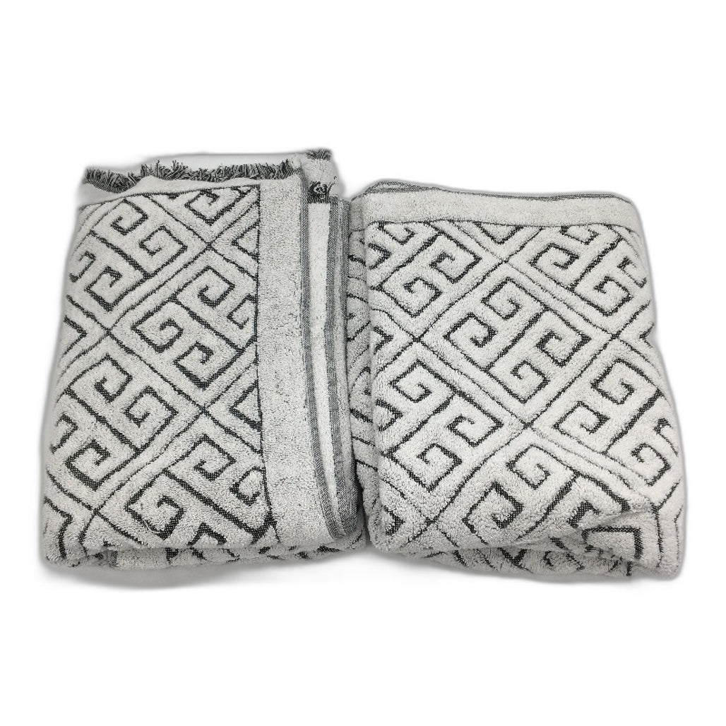 Kirkton House 2 Pack Cotton White & Charcoal Geo Textured Bath Towel Set NEW