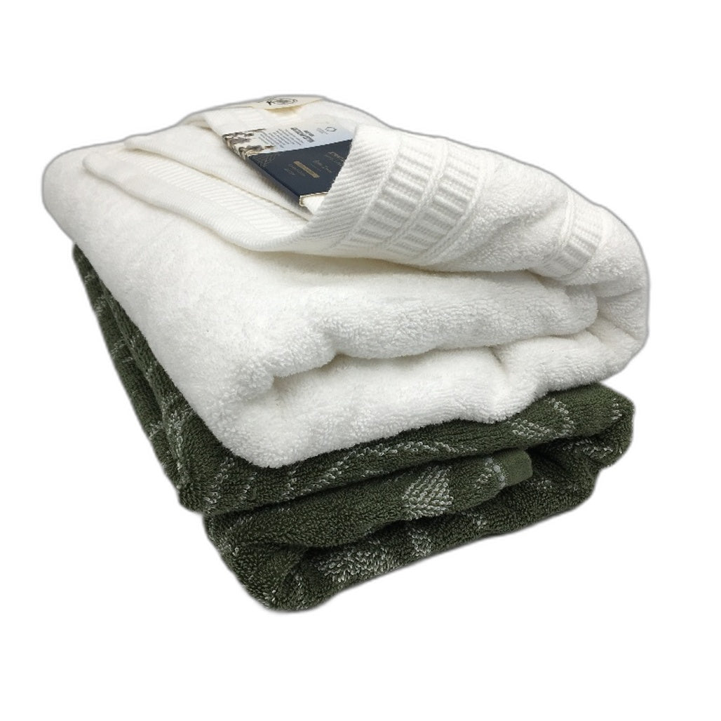 Kirkton House 2 Pack Cotton Solid White & Olive Green Bath Towel Pack NEW