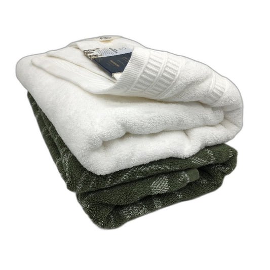 Kirkton House 2 Pack Cotton Solid White & Olive Green Bath Towel Pack NEW