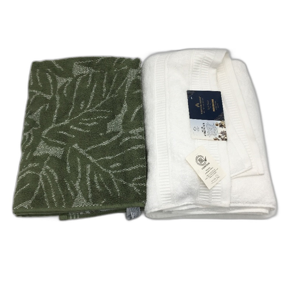 Kirkton House 2 Pack Cotton Solid White & Olive Green Bath Towel Pack NEW