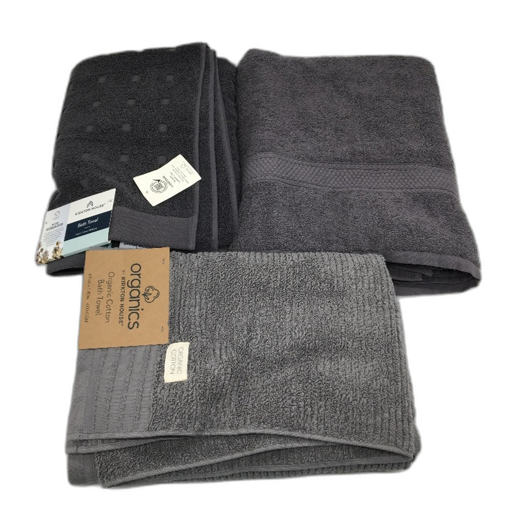 Kirkton House 3 Pack 100% Cotton Charcoal Grey Mixed Design Bath Towel Pack NEW